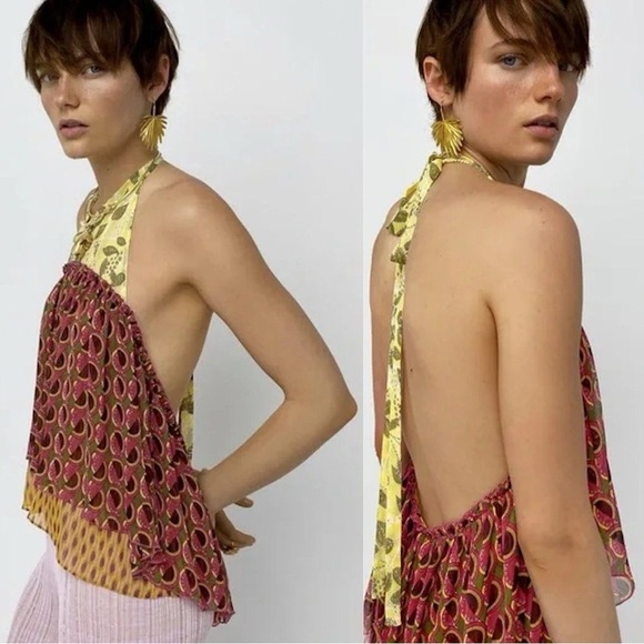 NWT Zara Pink and Yellow Colorful Peplum Boho Halter Neck Open Back Top Size L - Picture 7 of 12